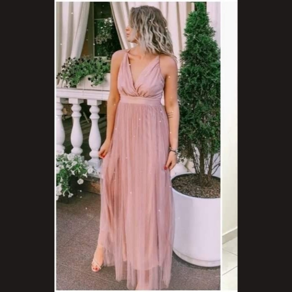 Blush Mauve Formal Evening Maxi Dress Sleeveless Strappy Back Tulle Slit
